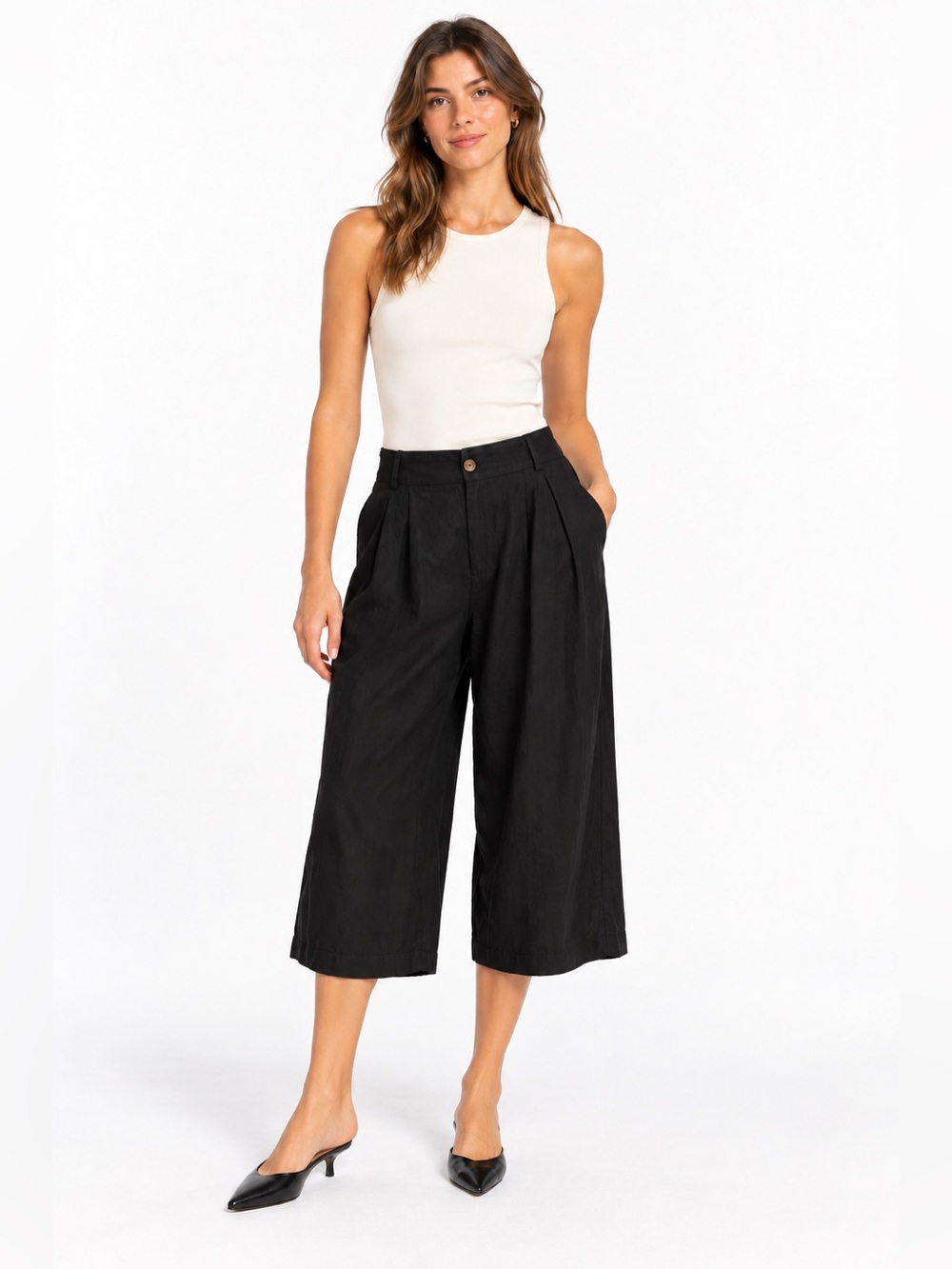 Reformation Black Cropped Wide Leg Culotte Pants Size 24 Pleated Trousers
